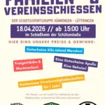 Plakat zum Familien- & Vereinsschießen der Schießsportgruppe Hünningen-Lüttringen: 18.04.2026 ab 15:00 Uhr, lila und rot mit Preis-Infos