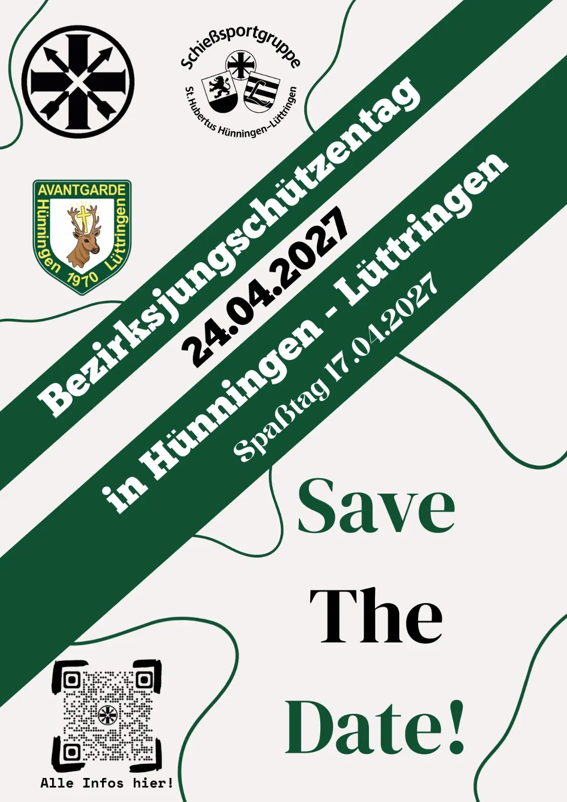Grüne und weiße Einladung mit dem Text „Bezirksschützentag 24.04.2027 in Hünningen-Lüttringen“ sowie „Save The Date!“ und QR-Code.